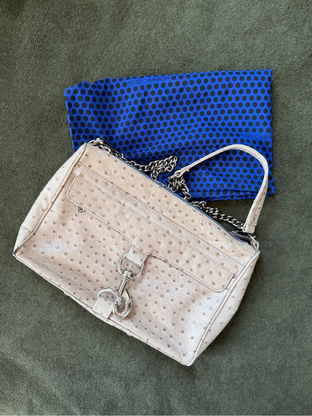 Rebecca Minkoff Cream Ostrich-Embossed Crossbody with Silver Chain